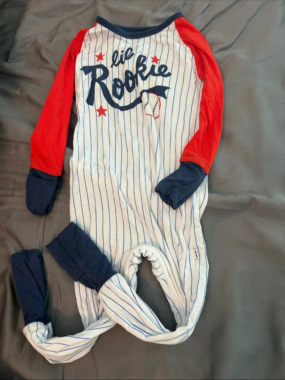 Little Sleepies Red & Navy 'Lil Rookie' Striped Baseball Footie